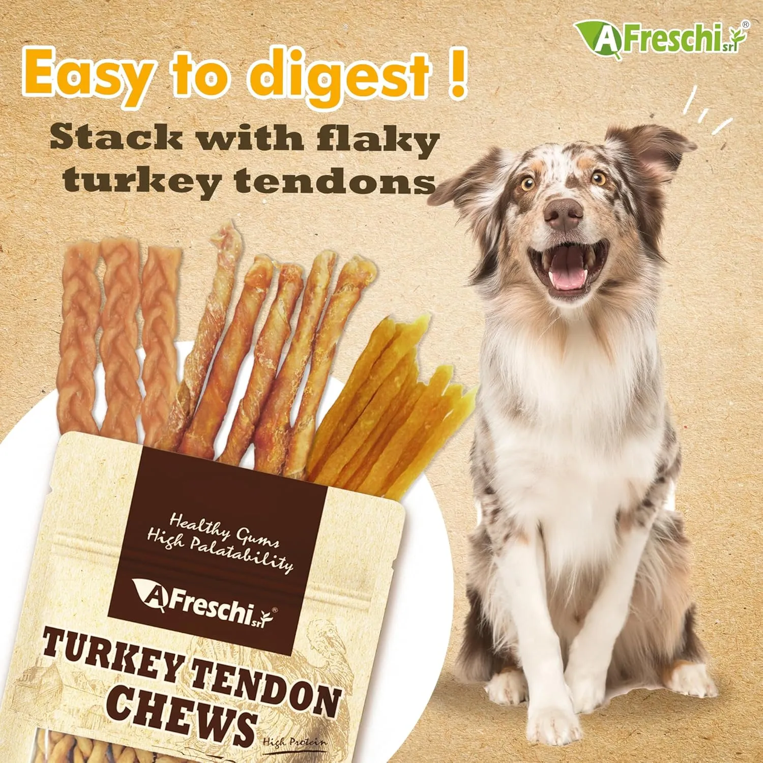 Afreschi Turkey Tendon Braided Stick 3.5 oz, Dog Treats for Classic Series, All Natural Human Grade Dog Treat, Suitable for Training chew, Turkey Sourced from USA, Rawhide Alternative