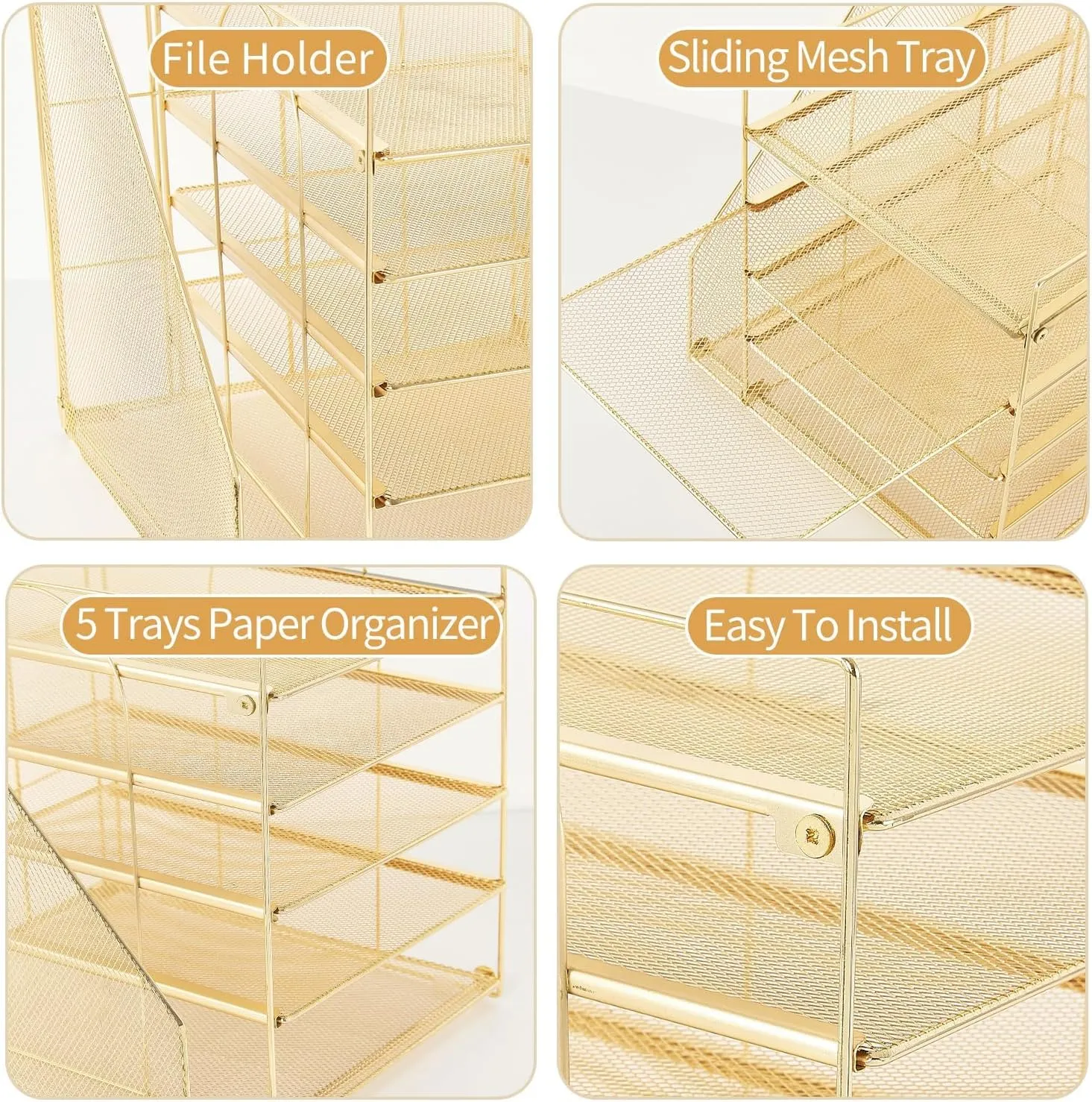 AUPSEN Desk Organizer with File Holder, 5 Trays Paper Letter Tray Organizer, Mesh Desk Organizers and Accessories for Home Office Supplies (Gold)
