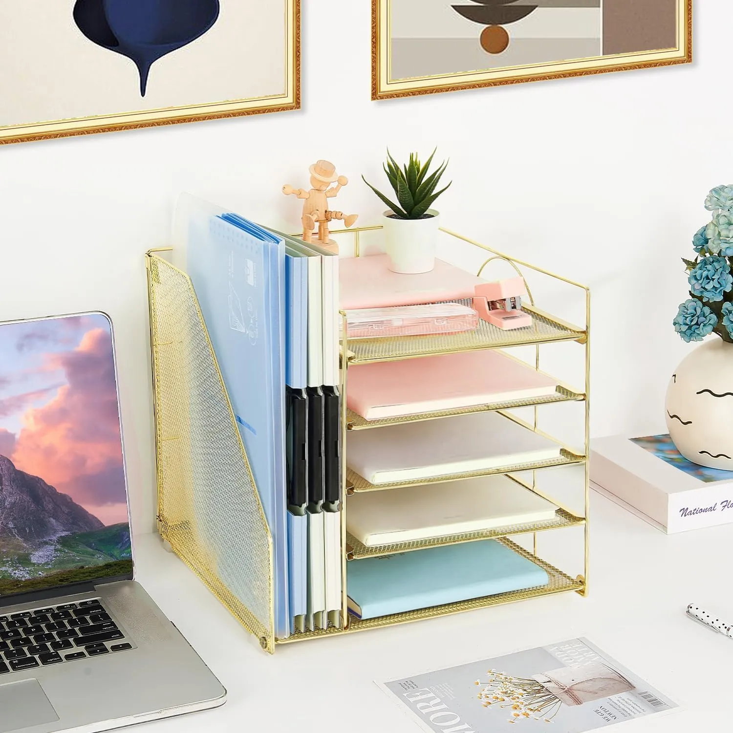 AUPSEN Desk Organizer with File Holder, 5 Trays Paper Letter Tray Organizer, Mesh Desk Organizers and Accessories for Home Office Supplies (Gold)