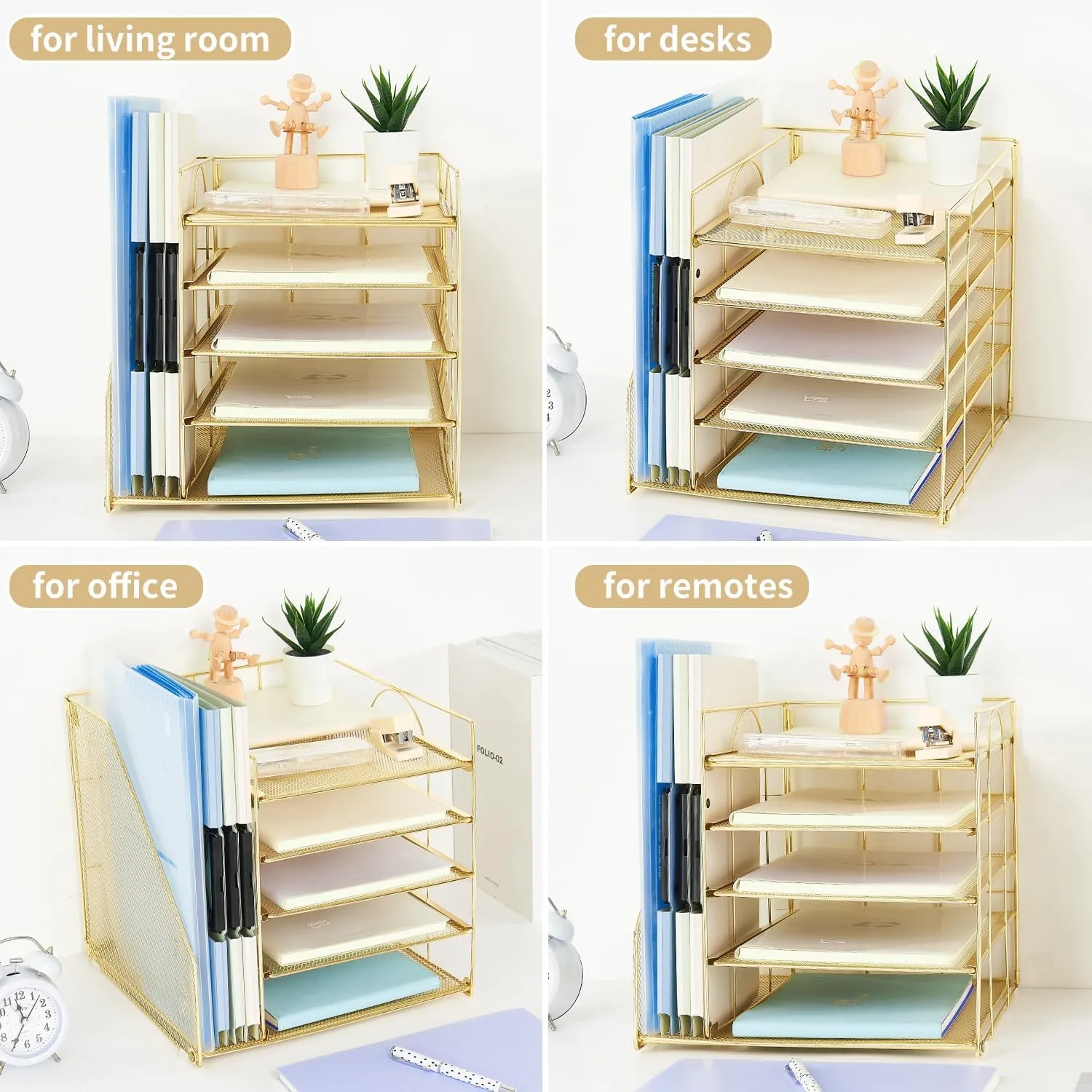 AUPSEN Desk Organizer with File Holder, 5 Trays Paper Letter Tray Organizer, Mesh Desk Organizers and Accessories for Home Office Supplies (Gold)