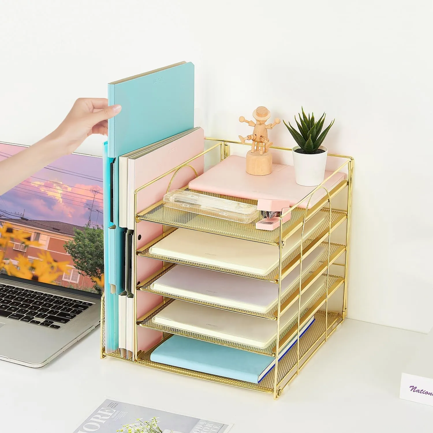 AUPSEN Desk Organizer with File Holder, 5 Trays Paper Letter Tray Organizer, Mesh Desk Organizers and Accessories for Home Office Supplies (Gold)