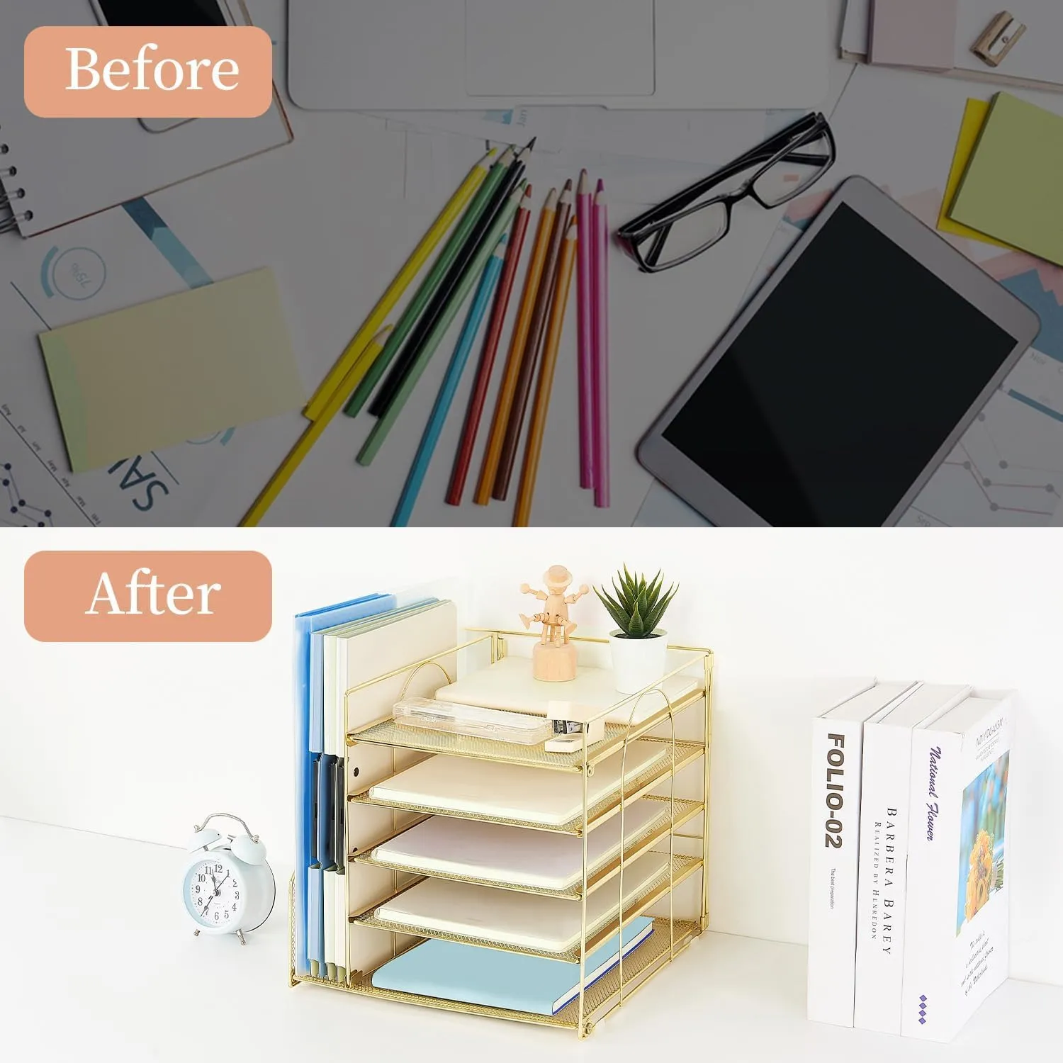 AUPSEN Desk Organizer with File Holder, 5 Trays Paper Letter Tray Organizer, Mesh Desk Organizers and Accessories for Home Office Supplies (Gold)