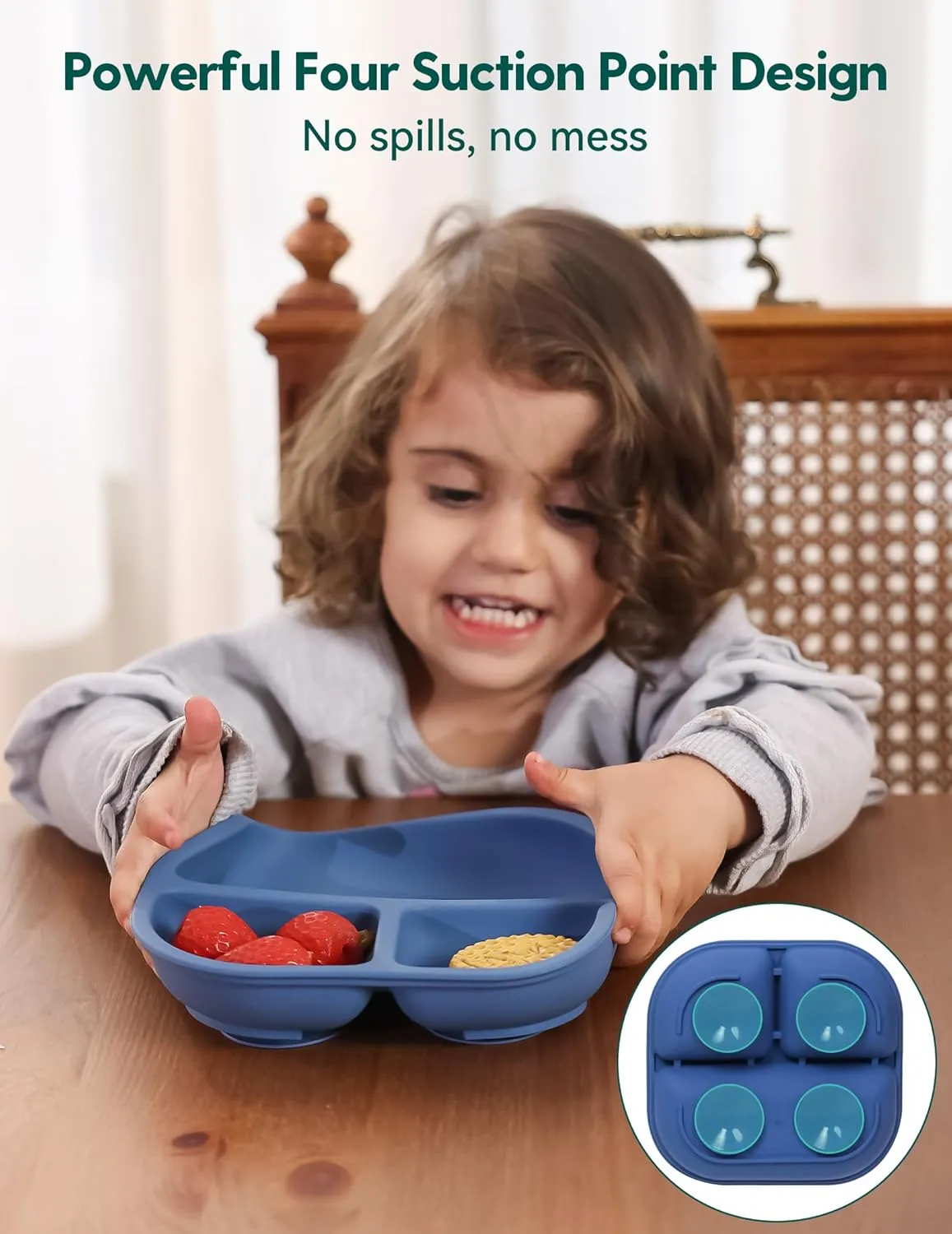BABELIO Powerful Suction Plates for Baby and Toddler, 100% Food Grand Silicone, Divided, BPA Free, Microwave & Dishwasher Safe, Stay Put, 3 Pack
