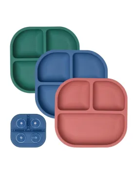 BABELIO Powerful Suction Plates for Baby and Toddler, 100% Food Grand Silicone, Divided, BPA Free, Microwave & Dishwasher Safe, Stay Put, 3 Pack