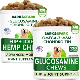 BARK&SPARK Glucosamine Dog Treats   Hemp Treats Bundle - Advanced Formula with Chondroitin, MSM, Omega-3   Hemp Oil - Natural Joint Pain Relief Supplement - Made in USA - 2 x 120 Soft Chews