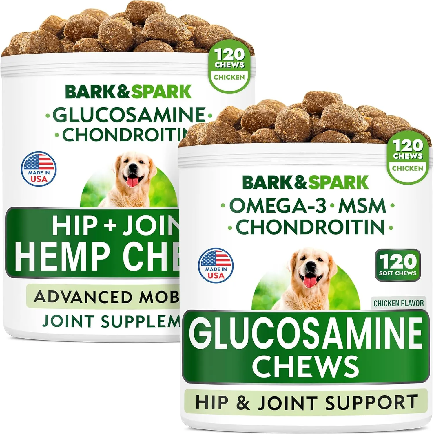 BARK&SPARK Glucosamine Dog Treats   Hemp Treats Bundle - Advanced Formula with Chondroitin, MSM, Omega-3   Hemp Oil - Natural Joint Pain Relief Supplement - Made in USA - 2 x 120 Soft Chews
