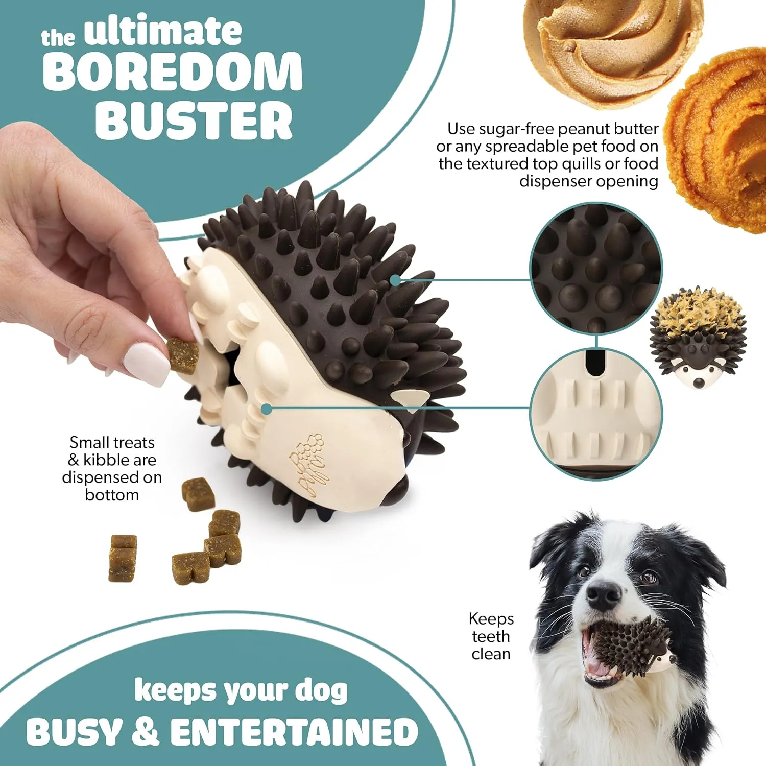 Bella Boo Pets Interactive Dog Toy for Strong Chewers - Freddy The Hedgehog All-in-One Treat Ball   Food Dispensing Slow Feeder Dog IQ Puzzle   Dental Chew Toy for Medium and Large Breed Dogs (Brown)
