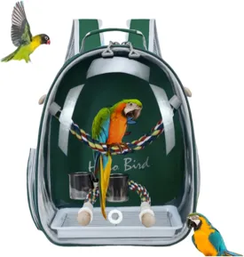Bird Traval Carrier Cage, Multi Vent Holes Clear Space Capsule Astronaut Backpack to Carry Parakeet Cockatiel Parrot with Metal Tray Wood Perch, Vet Transport Book Bag (Green)
