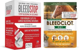 BleedStop First Aid Powder for Blood Clotting (4x15g, Pouches) and BleedClot Pet First Aid (5 oz, 1 Pouch)