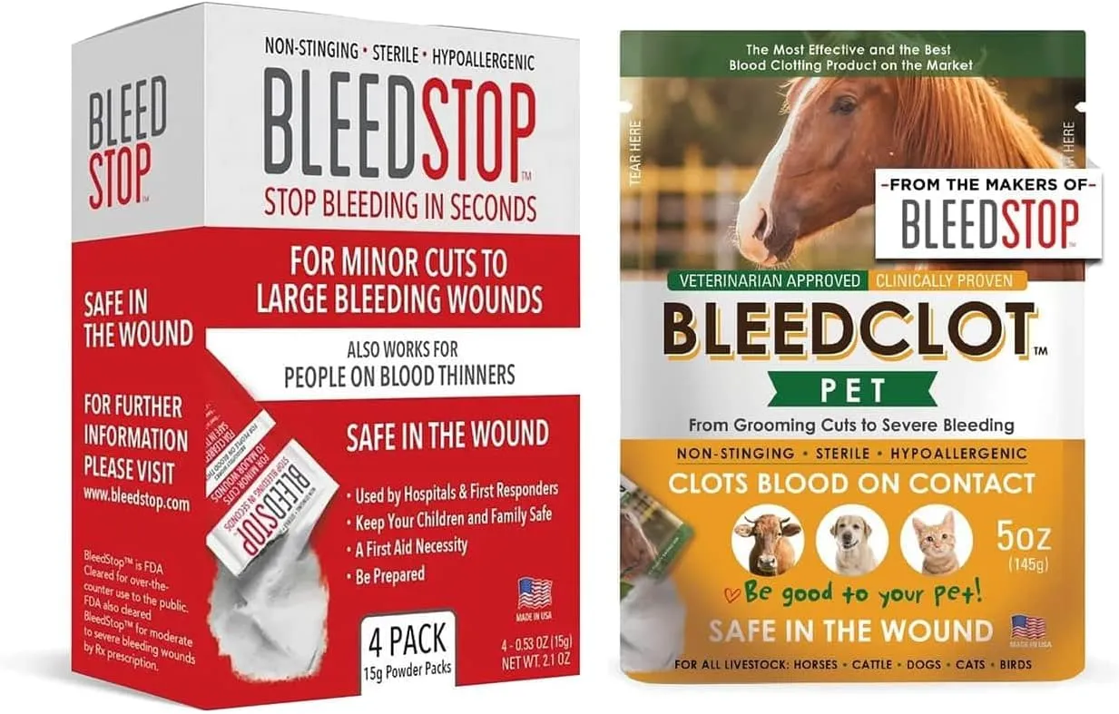 BleedStop First Aid Powder for Blood Clotting (4x15g, Pouches) and BleedClot Pet First Aid (5 oz, 1 Pouch)