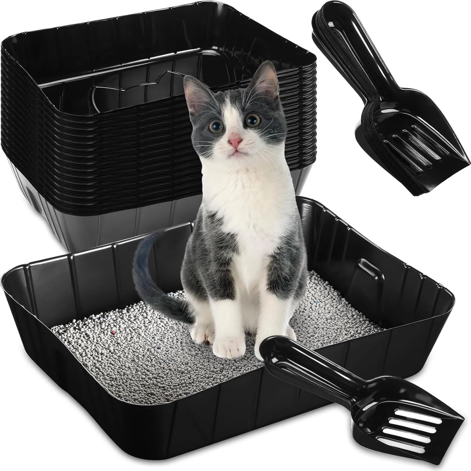 Bokon 50 Pcs 25 Set Disposable Litter Boxes for Cats with Scoop Plastic Cat Litter Tray Large Kitten Pan for Kitty Rabbit Guinea Pig Hamster Pets Supplies Travel Home Toilet, 15. 7 x 11. 8 x 3''
