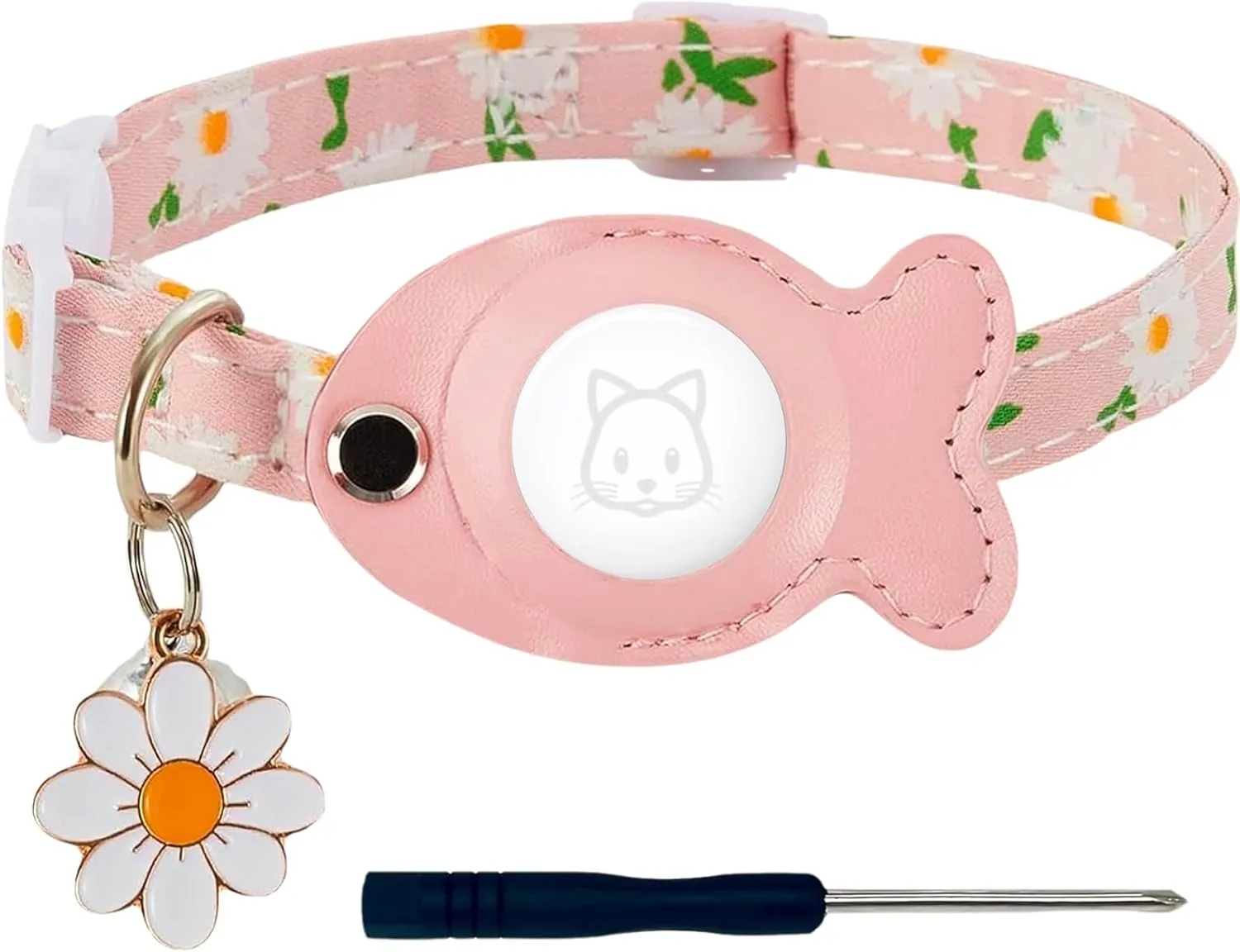 Cat Collar for Airtag, Breakaway GPS Tracker Kitten Collar with Airtag Holder and Bells for Girl Boy Cats Cute Personalized Cat Collar with Fish Adjustable Length (Pink)