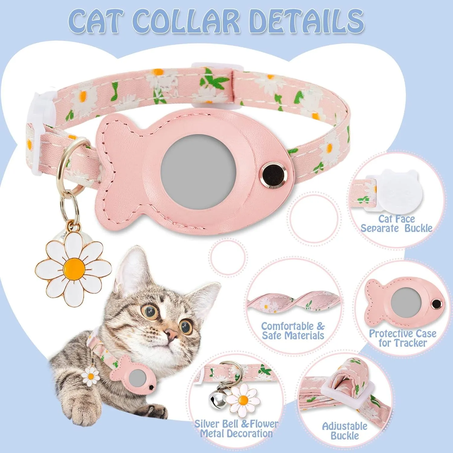 Cat Collar for Airtag, Breakaway GPS Tracker Kitten Collar with Airtag Holder and Bells for Girl Boy Cats Cute Personalized Cat Collar with Fish Adjustable Length (Pink)