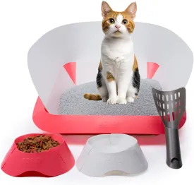 Cat Supplies Set with Foldable Litter Box, Scoop, Food Bowl, Water Bowl for Cats and Kittens (Pink)