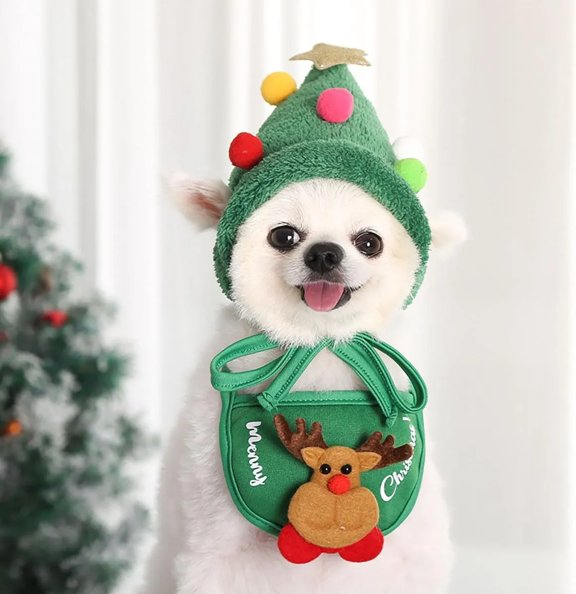 Cat/Dog Christmas Party Supplies, Cute Christmas Scarf Hat Set Kitten Bandana Small Pet Decorations Outfits, Green Saliva Towel