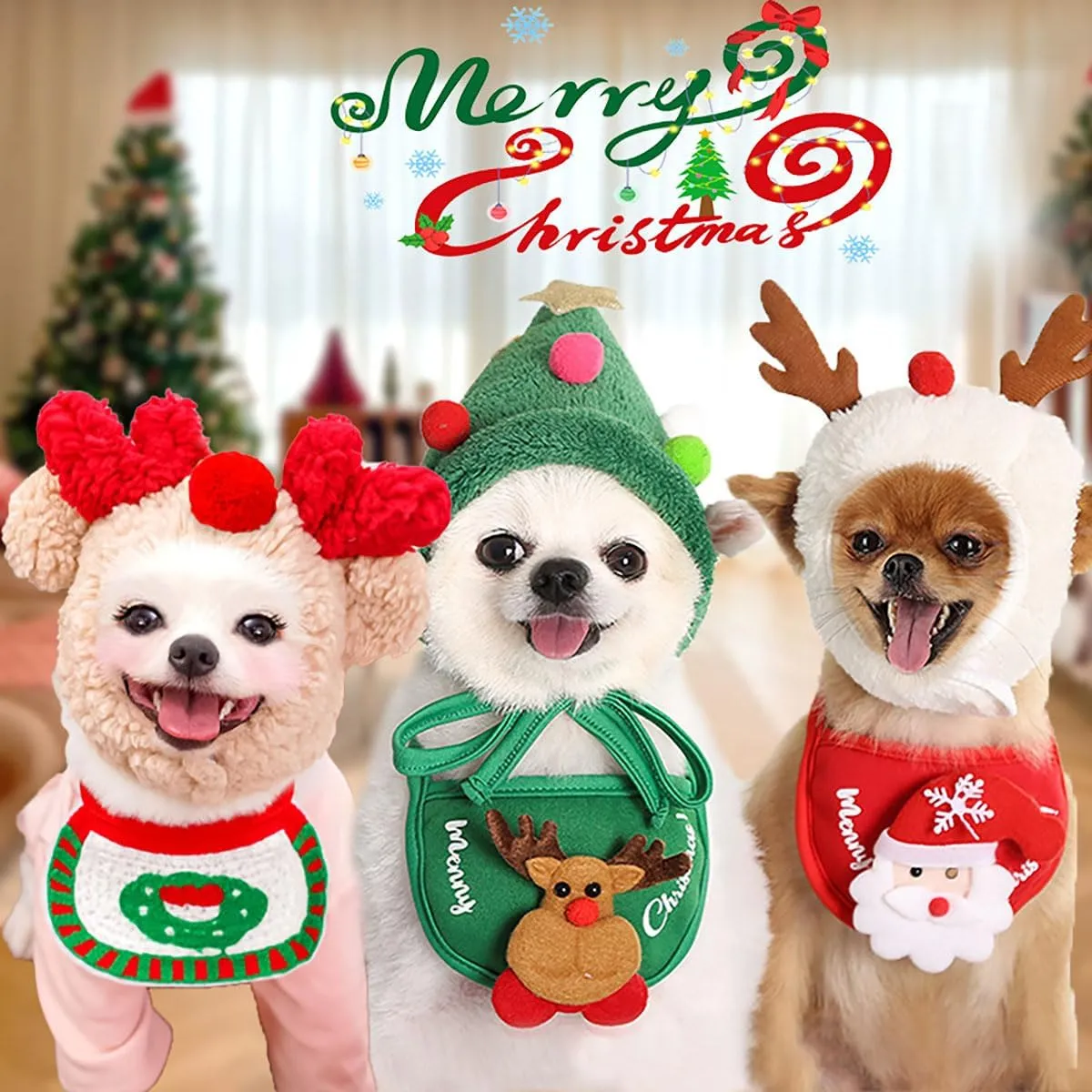 Cat/Dog Christmas Party Supplies, Cute Christmas Scarf Hat Set Kitten Bandana Small Pet Decorations Outfits, Green Saliva Towel