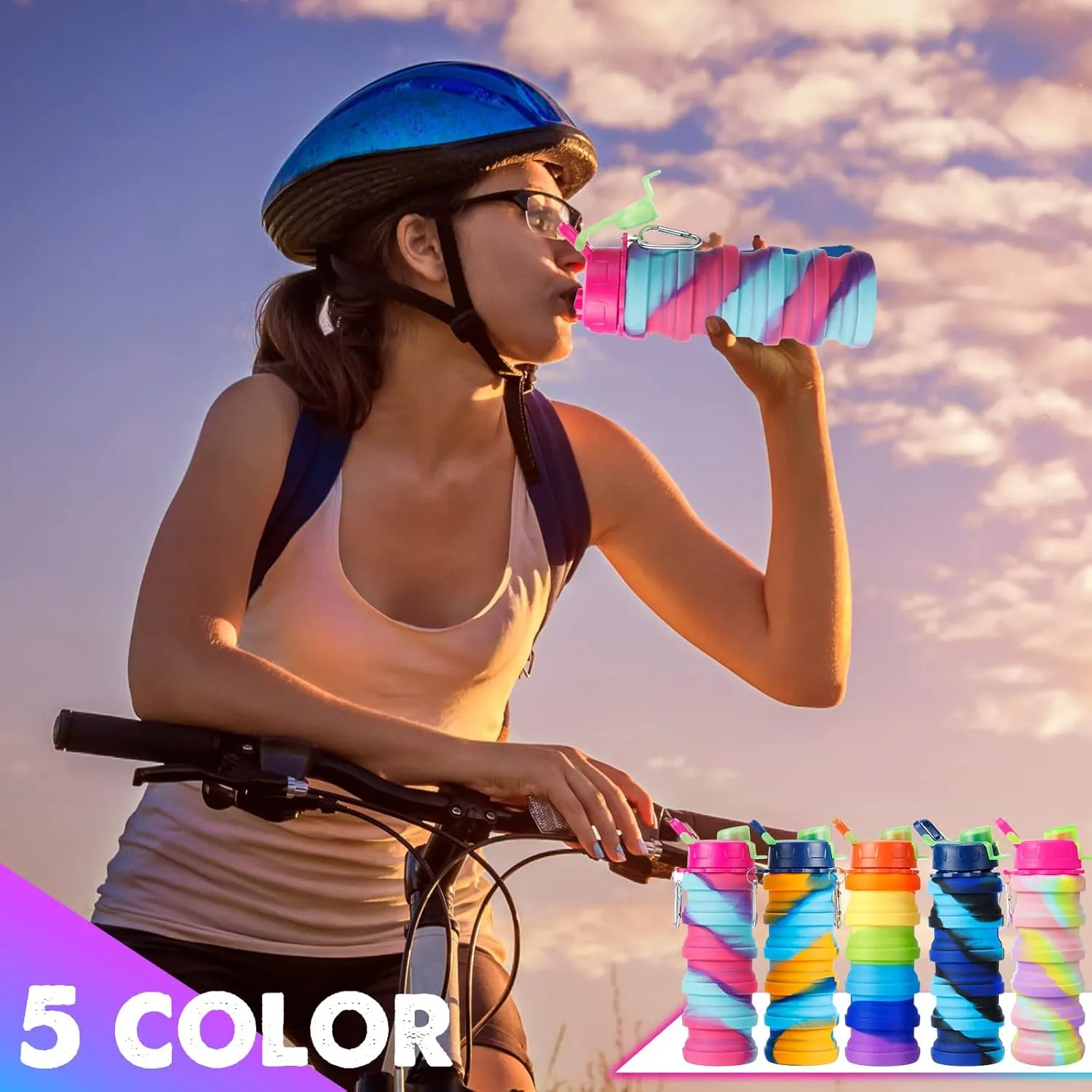 Chengu 5 Pack Collapsible Water Bottles 17 oz Bpa-free Silicone Portable Lightweight Foldable Water Bottle with Carabiner Leakproof Reusable for Travel Camping Hiking Cycling Sport Outdoor(Rainbow)