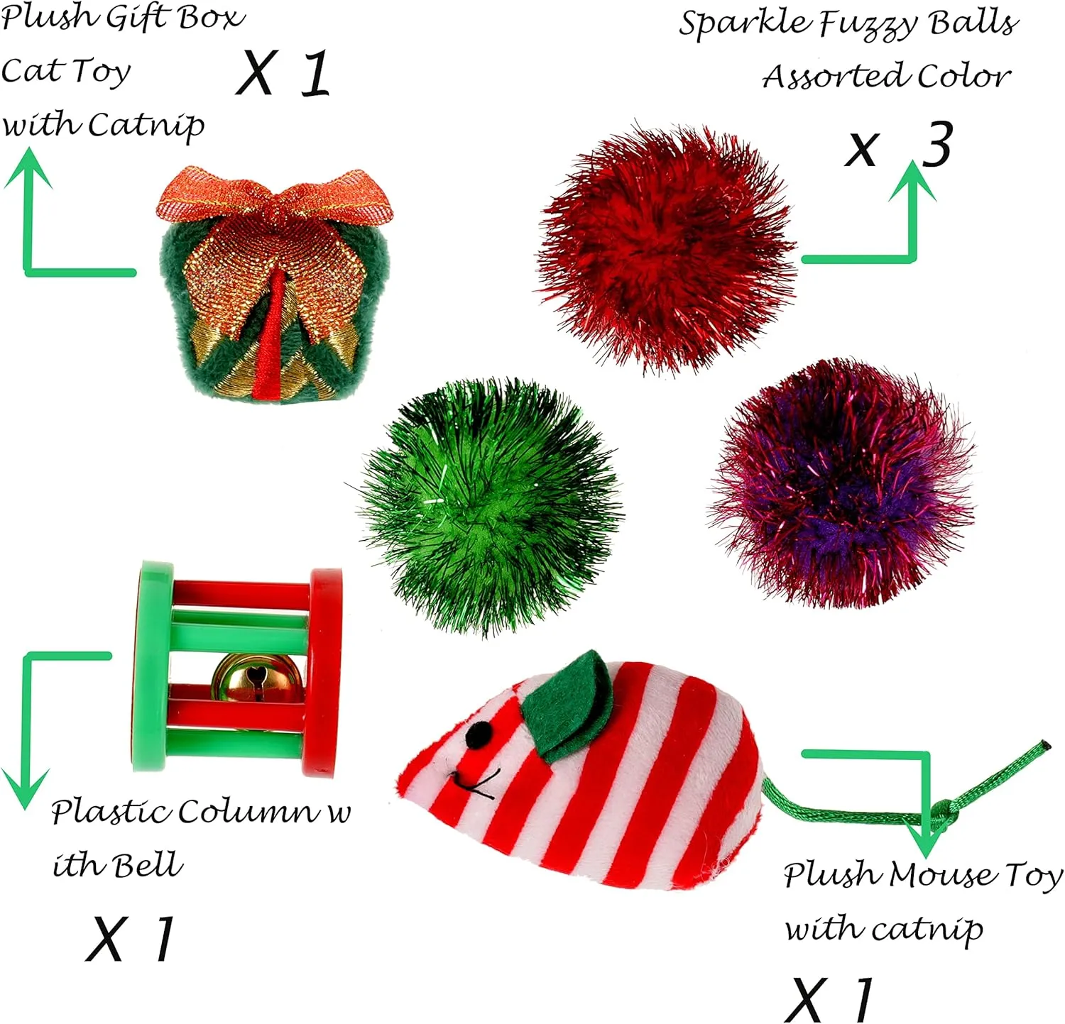 Christmas Cat Toys Set - Cat Interactive Toys, Cute Bag, Plastic Wheel Toy with Bell, Sparkle Balls, Plush Catnip Mice