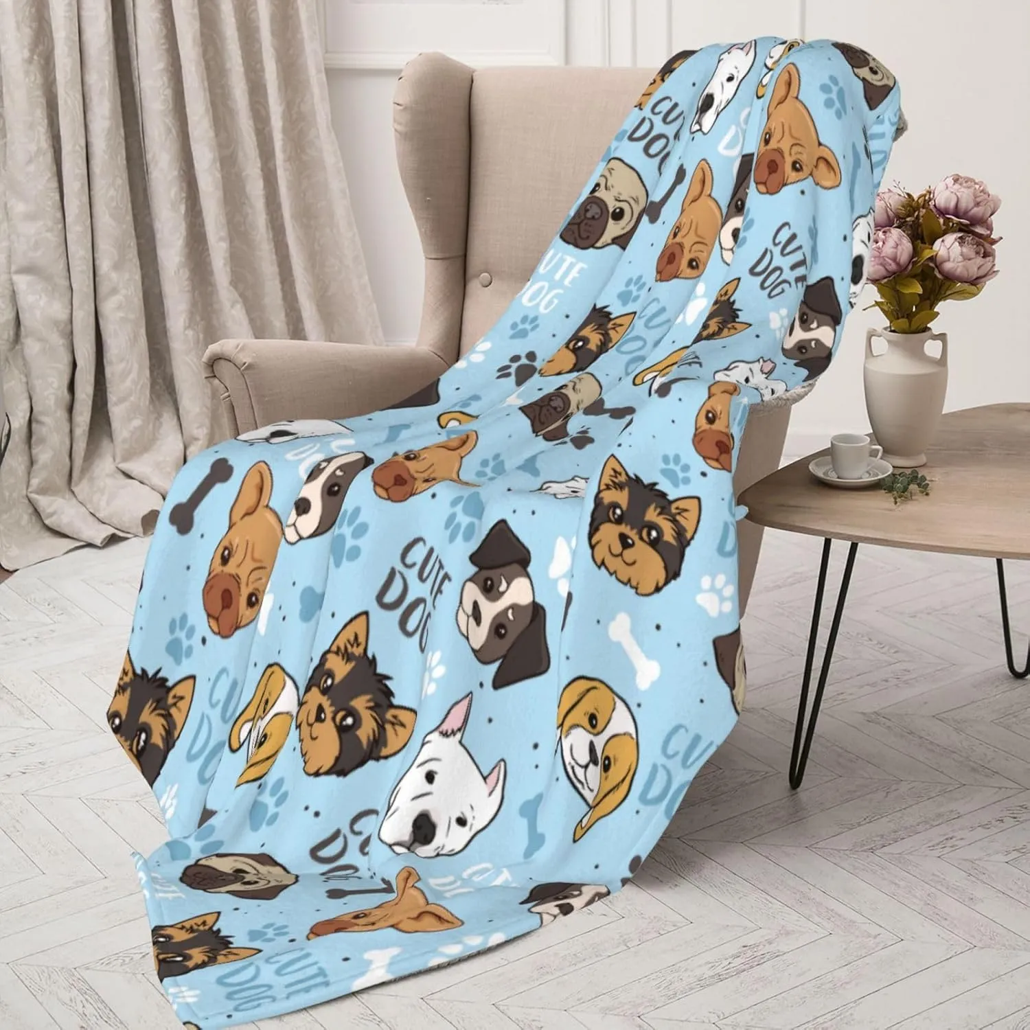 Cute Dogs Fleece Blanket - Soft Cozy Plush Throw Blanket for Adults Kids Pet, Lightweight Warm Flannel Sherpa Blanket for Couch Bed Sofa, Gift for Dog Lovers 50"x40"