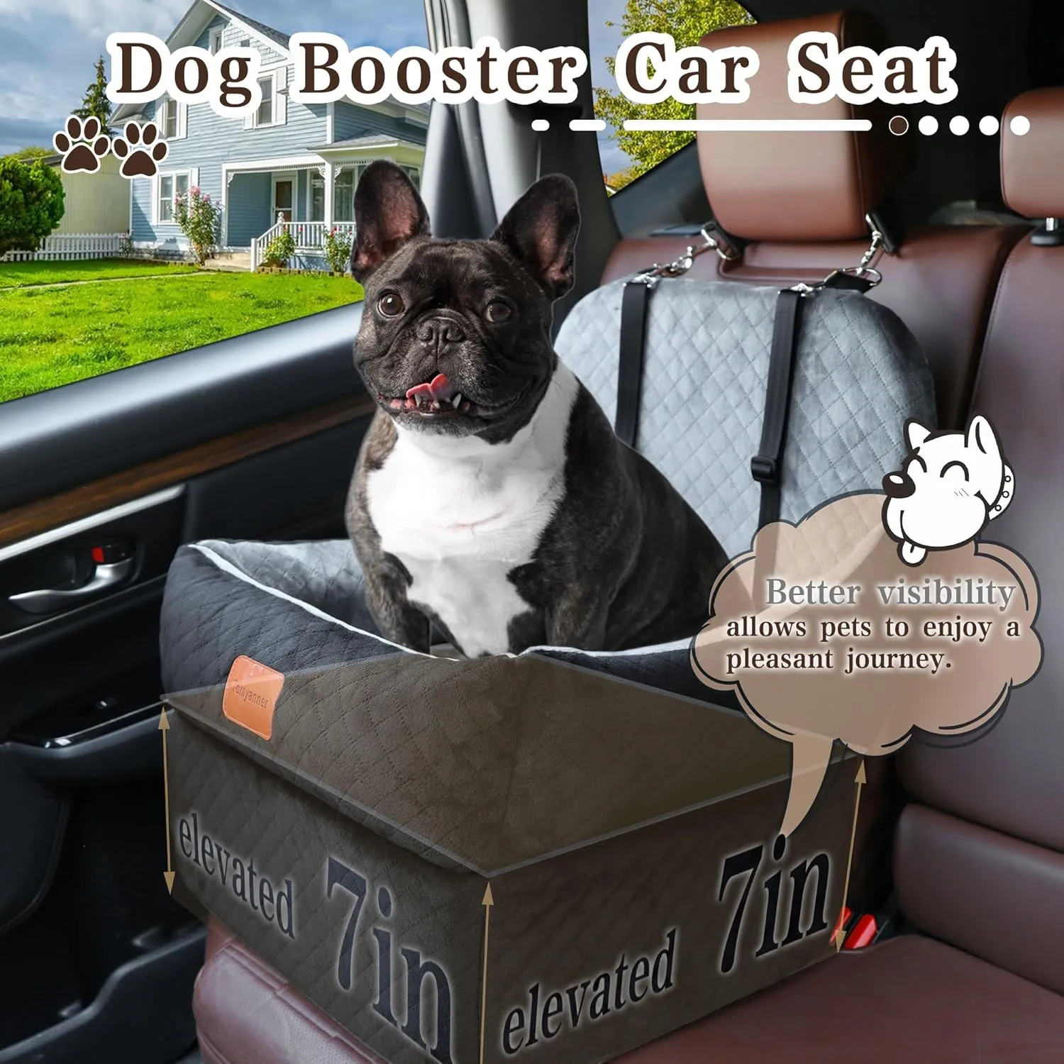 Dog Booster Car Seat for Small/Medium Dogs up to 35 lbs,Interior 7 Inches Elevated Pet Booster Seat,Ultra Soft Fabric and Memory Foam Car Dog Bed,Safety,Comfy,Fully Detachable Washable(H-Black/Grey)