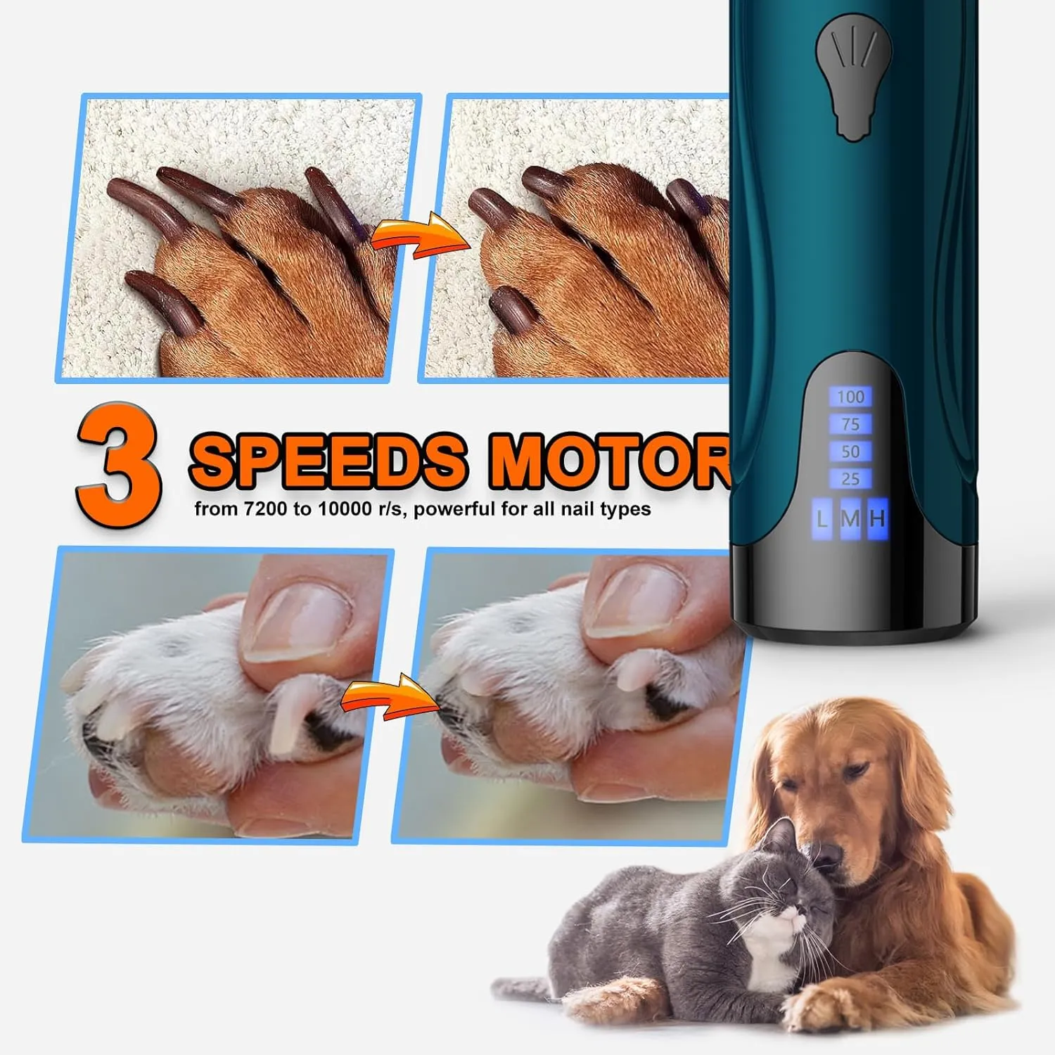 Dog Nail Grinder, Dog Nail Trimmers and Clippers Kit, Super Quiet Electric Pet Nail Grinder, Rechargeable, for Small Large Dogs & Cats Toenail & Claw Grooming,3 Speeds (A-Dark Blue)