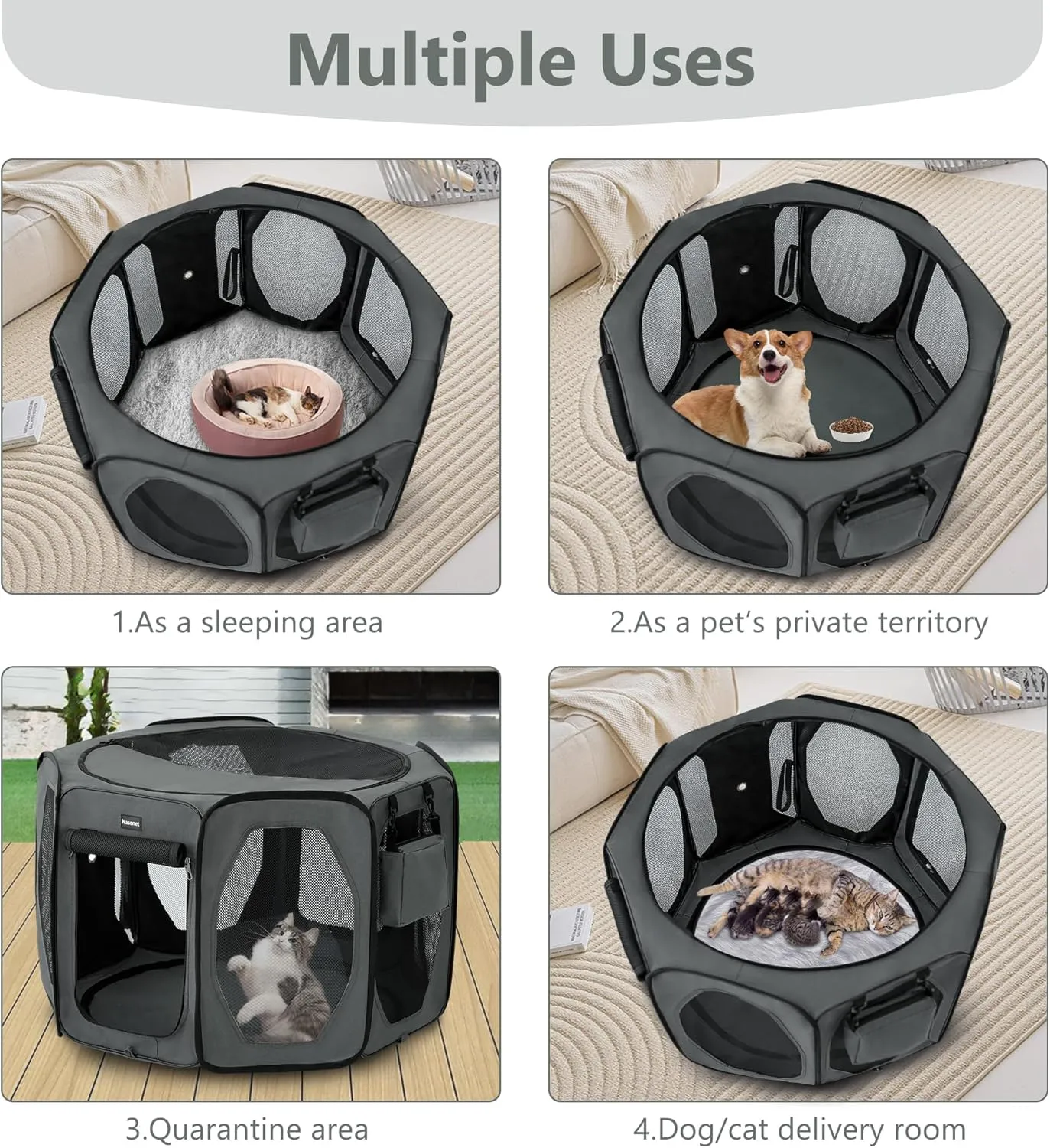 Dog Playpen, Cat Dog Crate Portable Pet Exercise Cage Kennel House Puppy Playpen Animal Playpen Indoor/Outdoor, Water-Resistant Kennel Tent with Traveling Bag (Grey, Small)