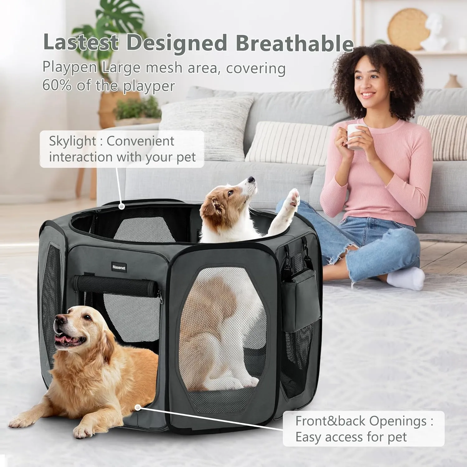 Dog Playpen, Cat Dog Crate Portable Pet Exercise Cage Kennel House Puppy Playpen Animal Playpen Indoor/Outdoor, Water-Resistant Kennel Tent with Traveling Bag (Grey, Small)