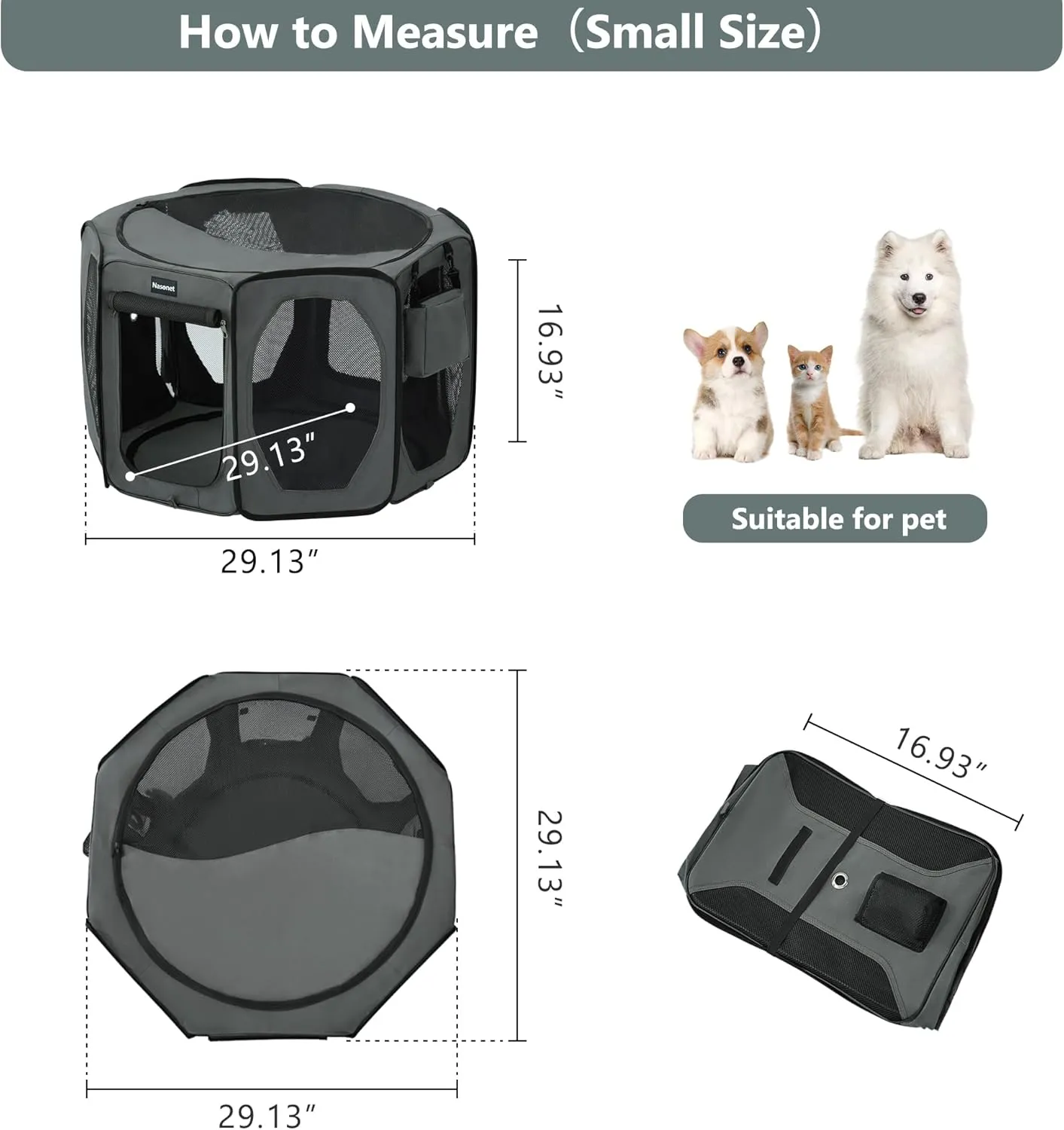 Dog Playpen, Cat Dog Crate Portable Pet Exercise Cage Kennel House Puppy Playpen Animal Playpen Indoor/Outdoor, Water-Resistant Kennel Tent with Traveling Bag (Grey, Small)