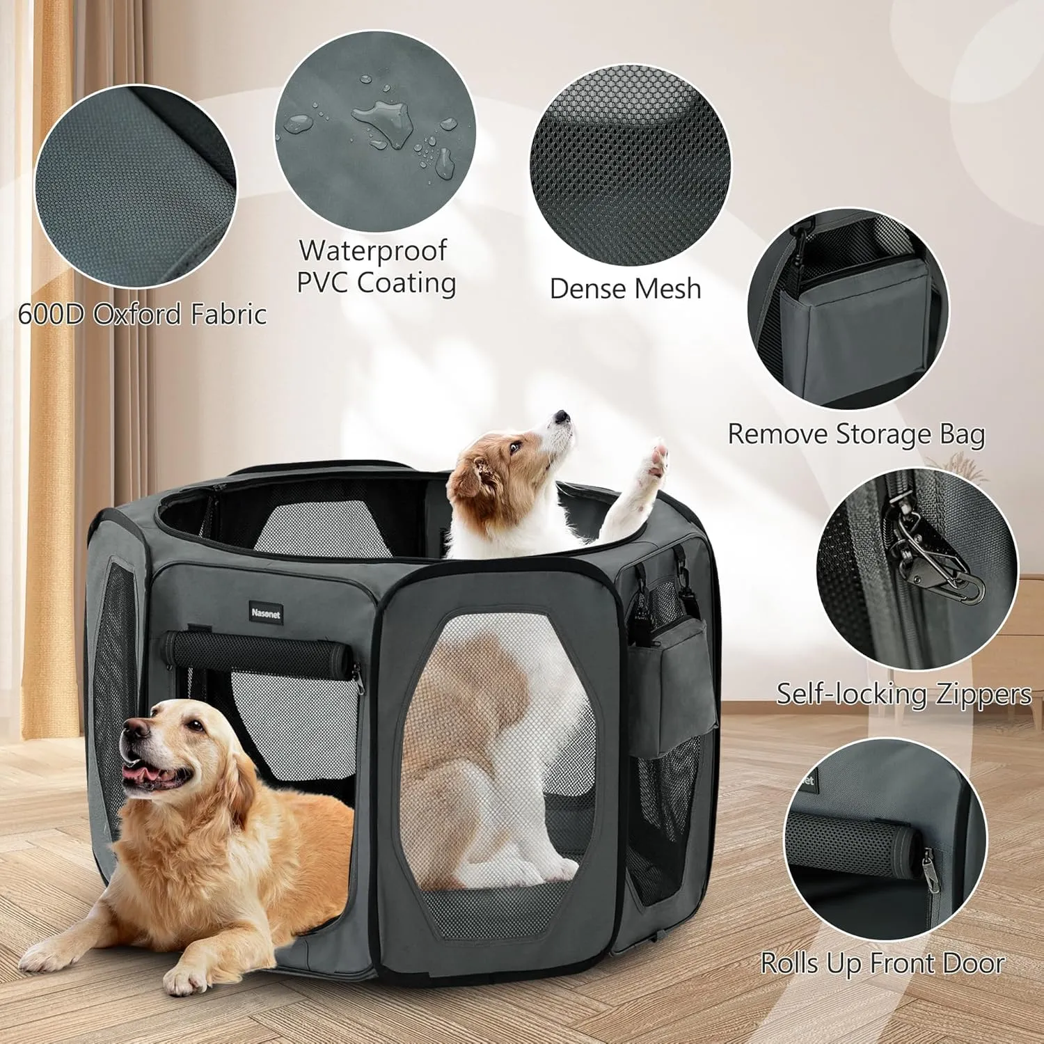 Dog Playpen, Cat Dog Crate Portable Pet Exercise Cage Kennel House Puppy Playpen Animal Playpen Indoor/Outdoor, Water-Resistant Kennel Tent with Traveling Bag (Grey, Small)