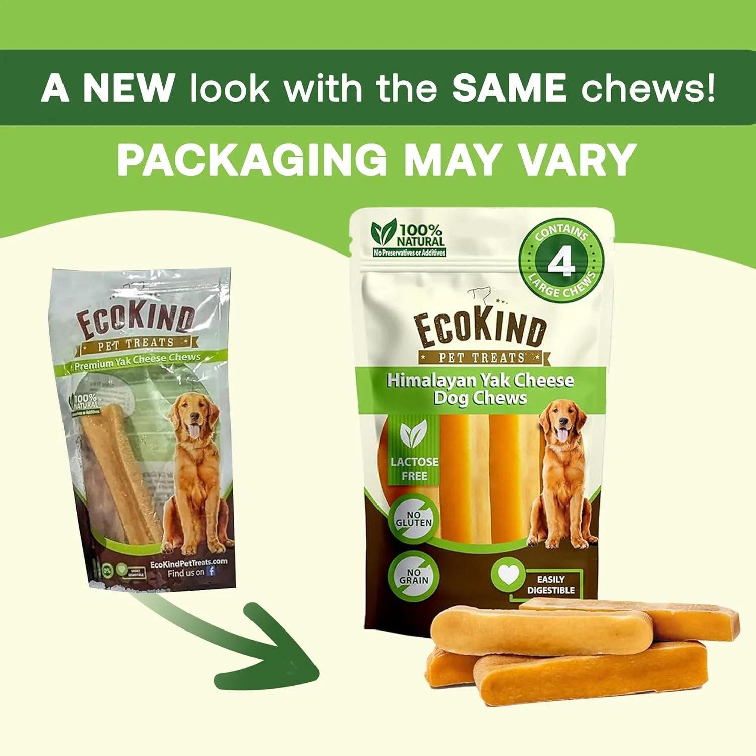 EcoKind Premium Gold Yak Cheese Himalayan Dog Chews, Dog Treats Large Breed, All Natural, High Protein, for Aggressive Chewers, Large - 4 Chews (1 lb)
