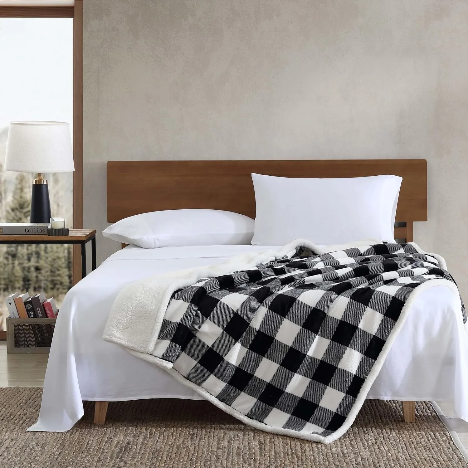 Eddie Bauer - Throw Blanket, Reversible Sherpa Fleece Bedding, Buffalo Plaid Home Decor for All Seasons (Black Check, Throw)
