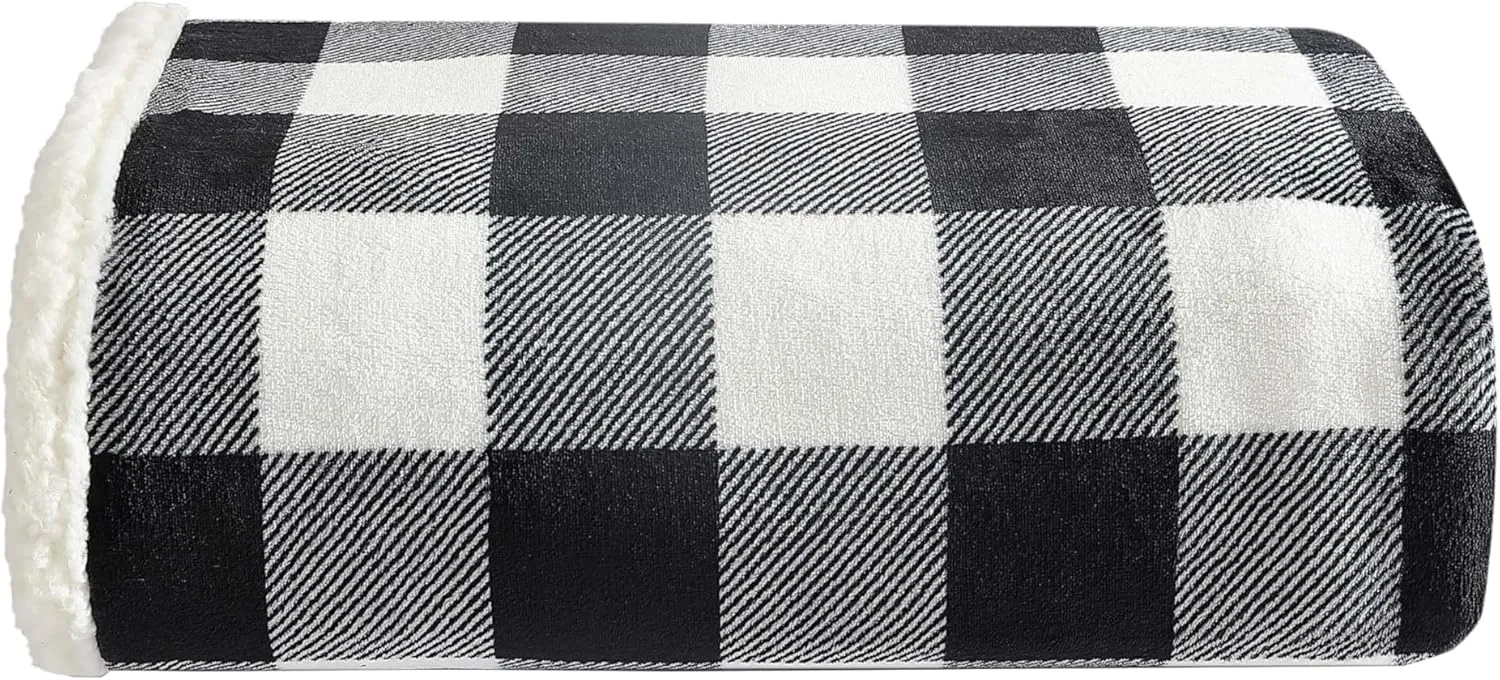 Eddie Bauer - Throw Blanket, Reversible Sherpa Fleece Bedding, Buffalo Plaid Home Decor for All Seasons (Black Check, Throw)