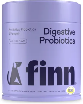Finn Digestive Probiotics for Dogs - Complete Digestive System Support with Pumpkin, Prebiotics, & Live Probiotics - Vet Recommended & Made in The USA - 90 Soft Chews