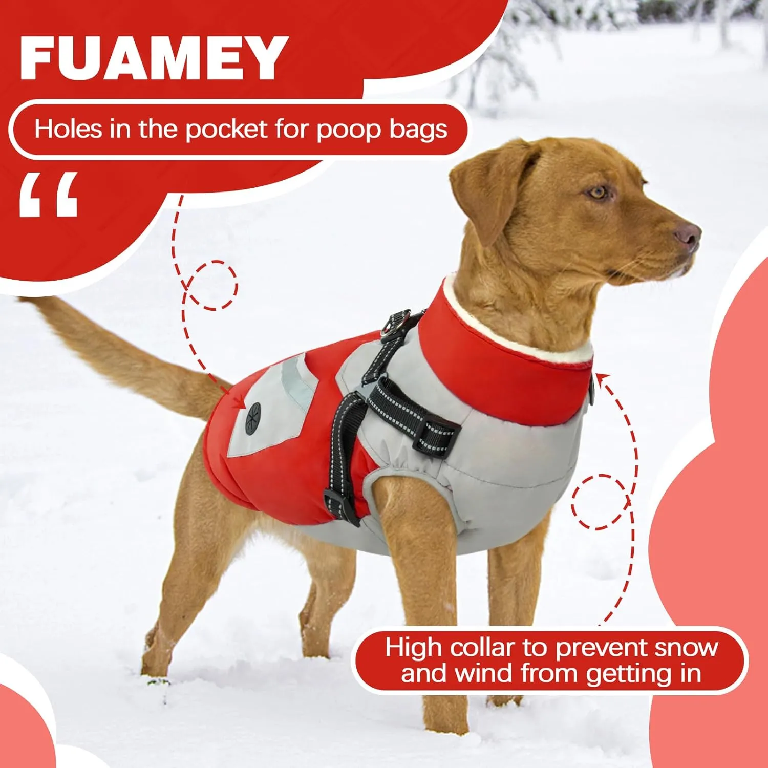 FUAMEY Dog Jacket - Waterproof & Reflective Winter Coat with Built-in Harness & Zipper - Extra Small Red XS with Poop Bag Pockets