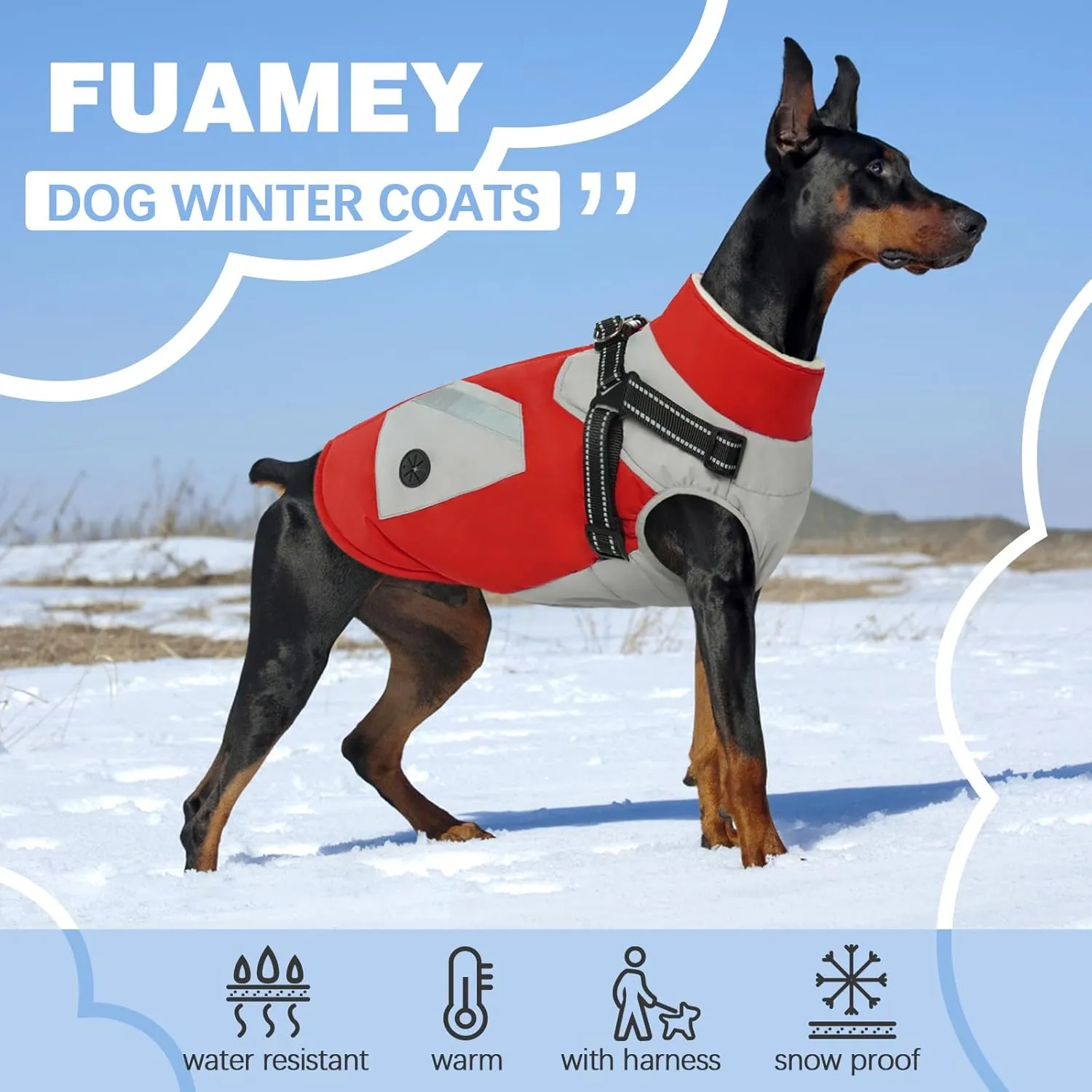 FUAMEY Dog Jacket - Waterproof & Reflective Winter Coat with Built-in Harness & Zipper - Extra Small Red XS with Poop Bag Pockets