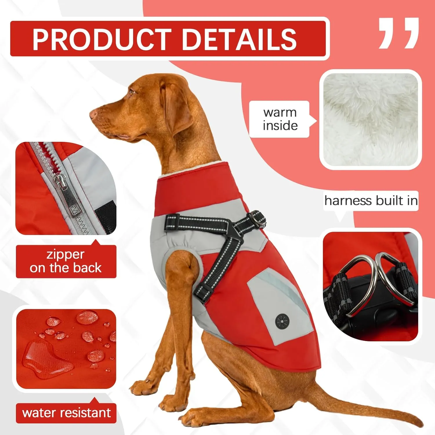 FUAMEY Dog Jacket - Waterproof & Reflective Winter Coat with Built-in Harness & Zipper - Extra Small Red XS with Poop Bag Pockets