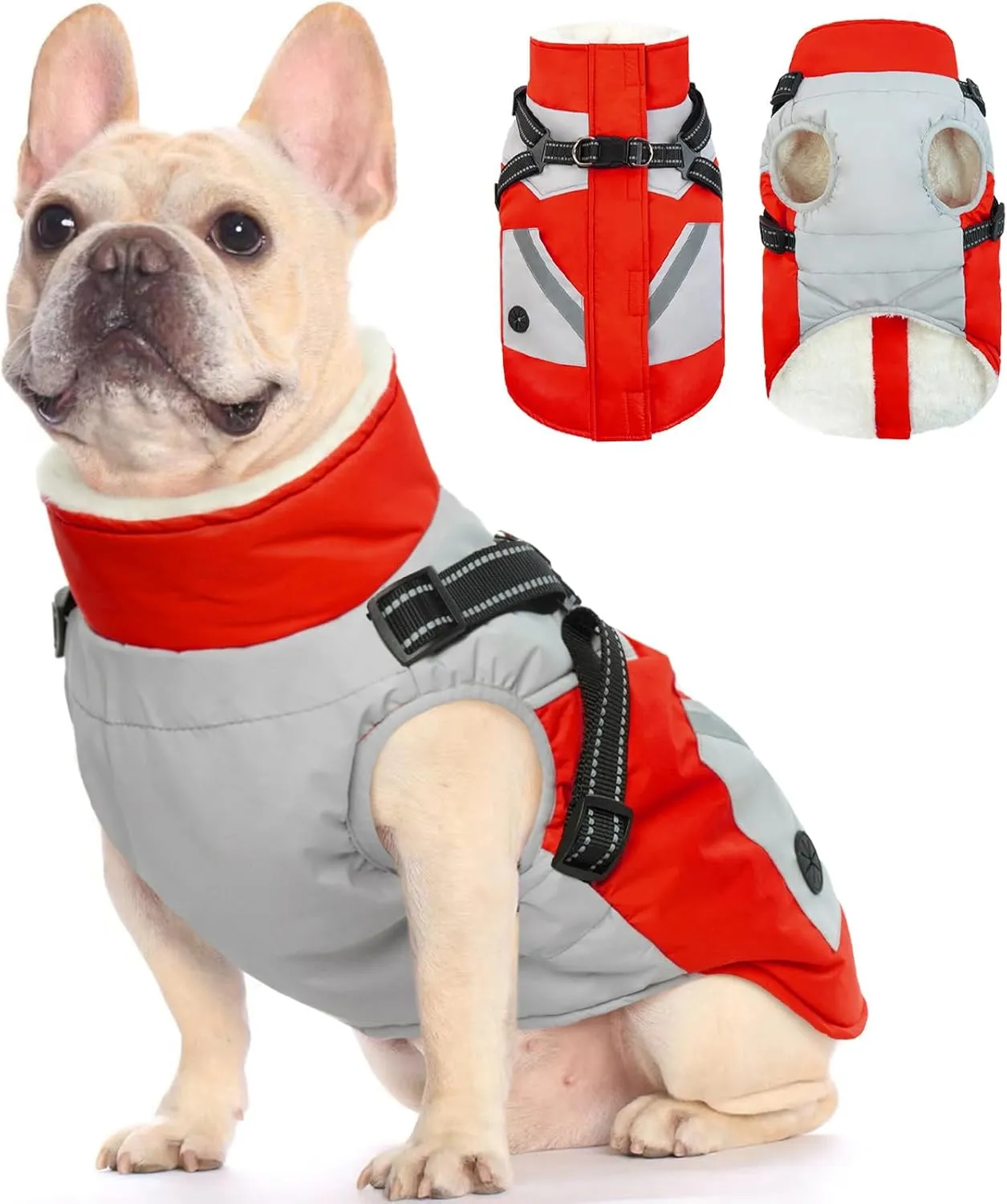 FUAMEY Dog Jacket - Waterproof & Reflective Winter Coat with Built-in Harness & Zipper - Extra Small Red XS with Poop Bag Pockets