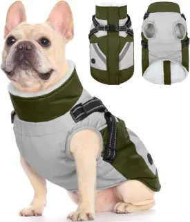 FUAMEY Dog Jackets - Waterproof Winter Coat with Built-in Harness & Reflective Vest for Extra Small Dogs - Green XS with Poop Bag Pockets & Back Zipper