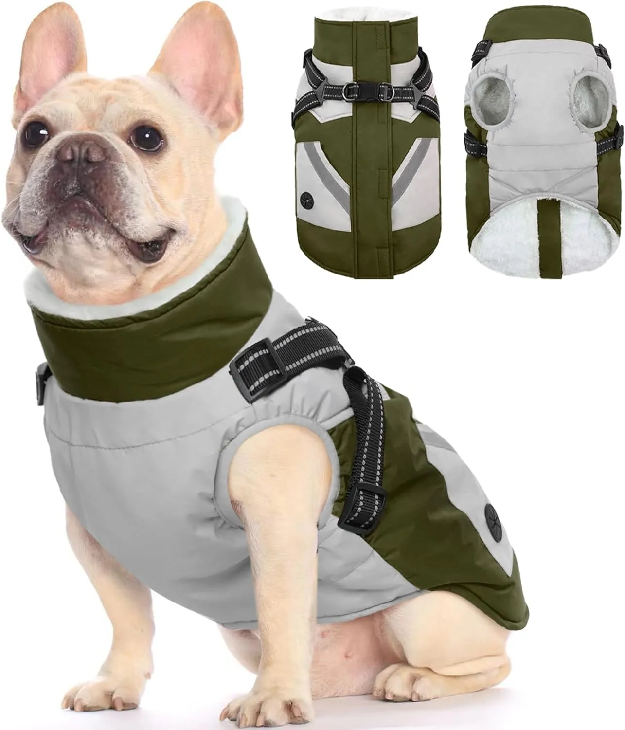 FUAMEY Dog Jackets - Waterproof Winter Coat with Built-in Harness & Reflective Vest for Extra Small Dogs - Green XS with Poop Bag Pockets & Back Zipper