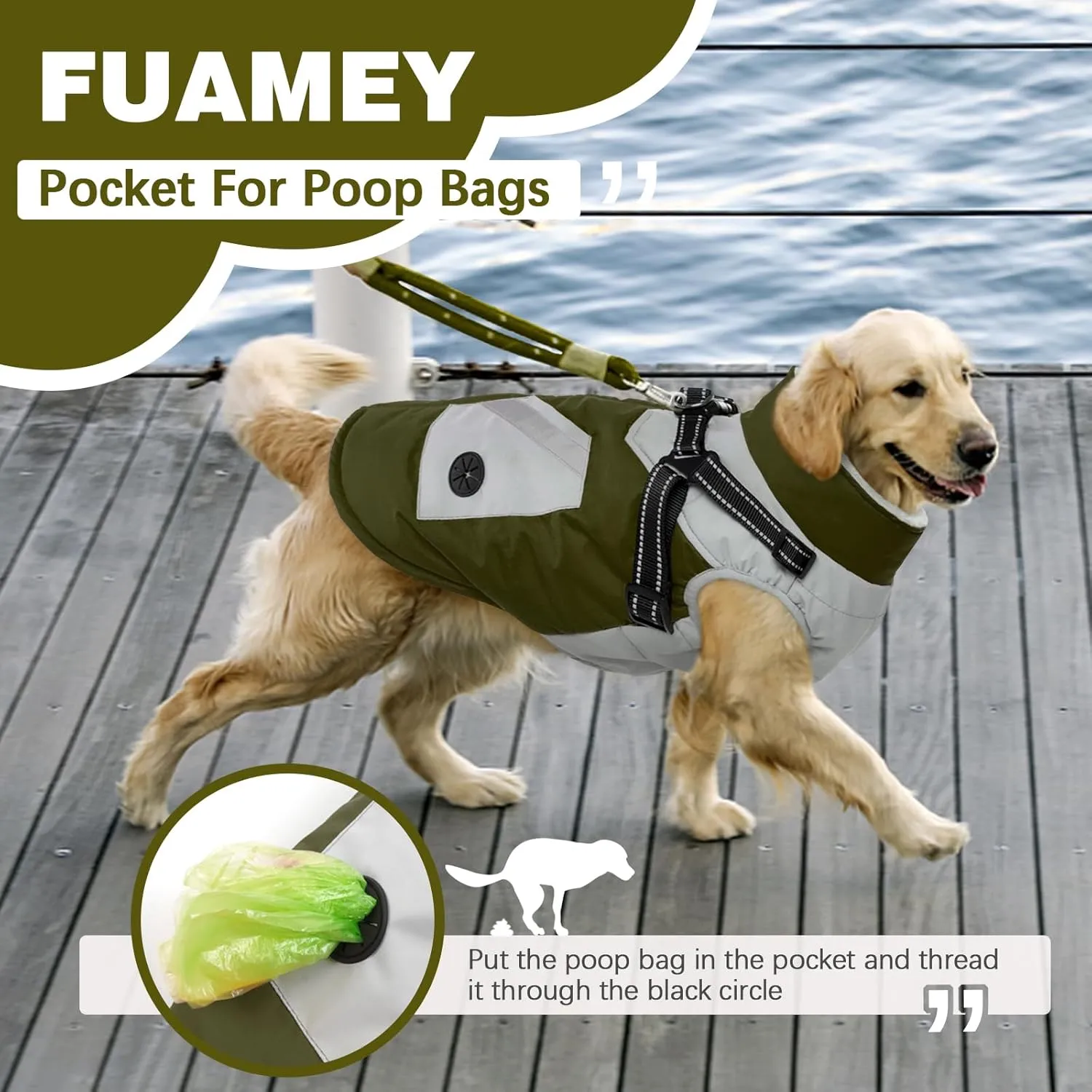 FUAMEY Dog Jackets - Waterproof Winter Coat with Built-in Harness & Reflective Vest for Extra Small Dogs - Green XS with Poop Bag Pockets & Back Zipper
