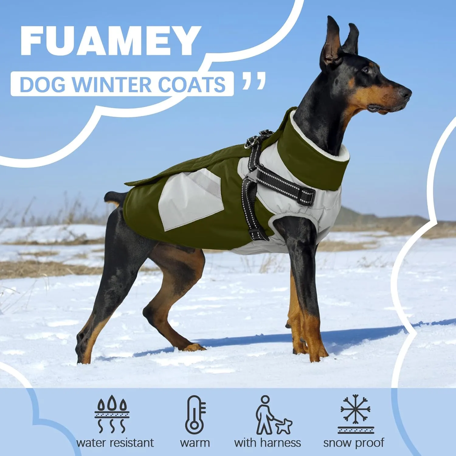 FUAMEY Dog Jackets - Waterproof Winter Coat with Built-in Harness & Reflective Vest for Extra Small Dogs - Green XS with Poop Bag Pockets & Back Zipper