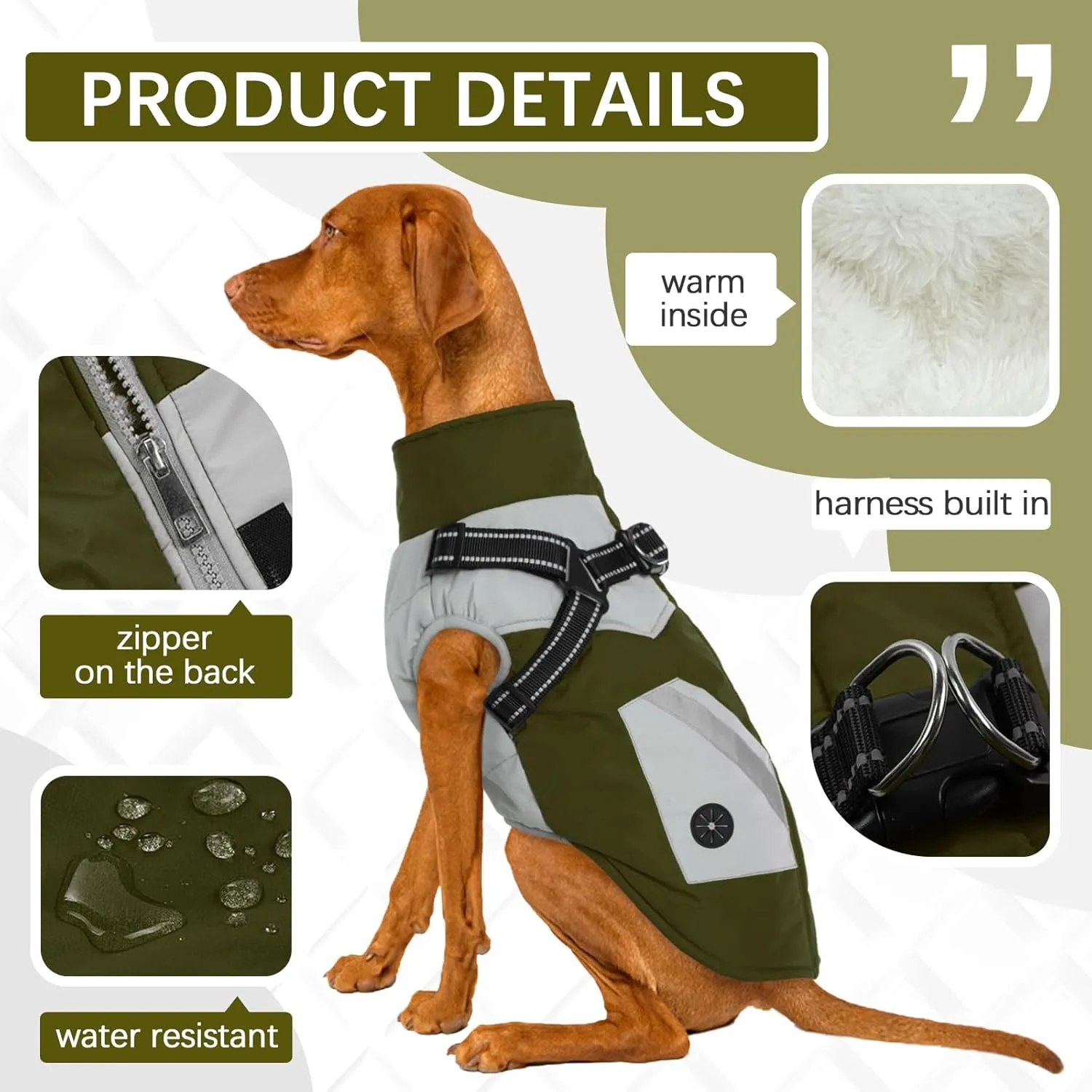 FUAMEY Dog Jackets - Waterproof Winter Coat with Built-in Harness & Reflective Vest for Extra Small Dogs - Green XS with Poop Bag Pockets & Back Zipper