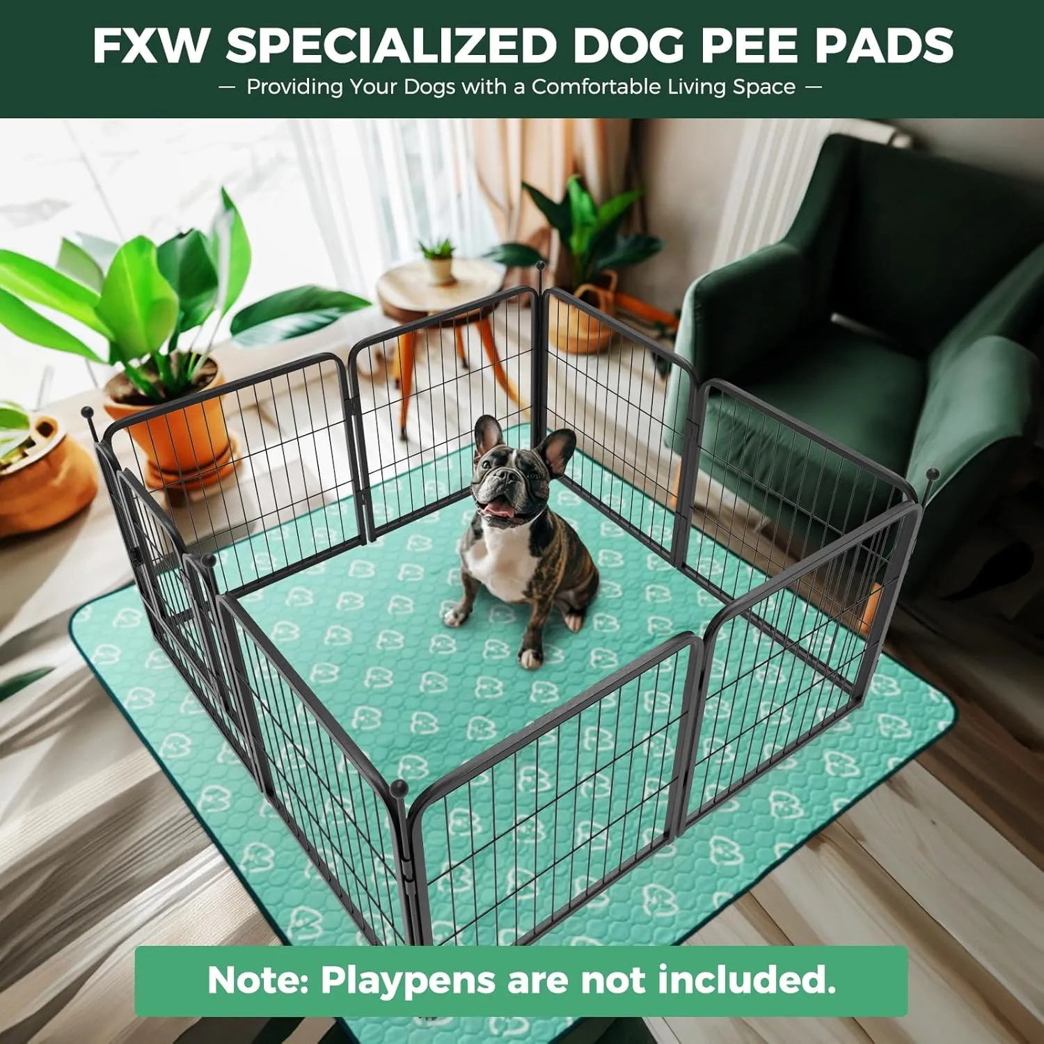 FXW Washable Pee Pads for Dogs, Reusable Dog Pads with Super Absorbent Cotton, 63" x 63", Specifically Designed for 24" 8 Panels Dog Playpen, Square, Green