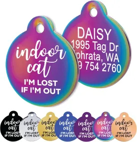 GoTags Personalized Small Indoor Cat Tag - Engraved with 4 Lines of Custom ID, Rainbow Stainless Steel Round Pet ID Tag