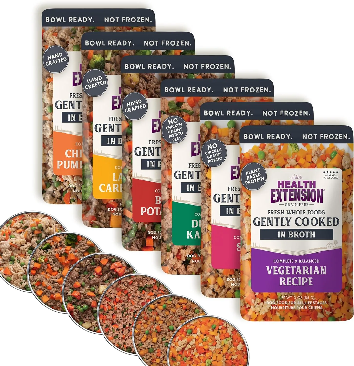 Health Extension Gently Cooked Dog Food Bundle - Chicken & Pumpkin, Beef & Potato, Fresh Lamb & Carrot, Duck & Kale, Salmon, Vegetatian (3 oz, 85 g, Pack of 6)  Superfoods for All Life Stages