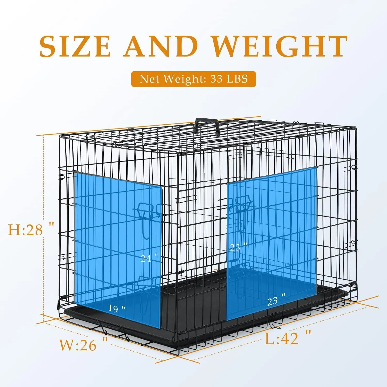 Large Dog Crate, 42 Inches Double Door Pet Crate Folding Metal Wire Dog Cage Pet Dog Kennel with Divider Panel, Leak-Proof Plastic Pan, Indoor Outdoor Pet Crates for Medium and Large Breed Pet Animals