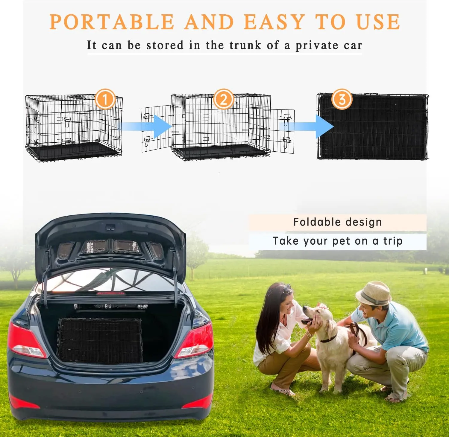 Large Dog Crate, 42 Inches Double Door Pet Crate Folding Metal Wire Dog Cage Pet Dog Kennel with Divider Panel, Leak-Proof Plastic Pan, Indoor Outdoor Pet Crates for Medium and Large Breed Pet Animals