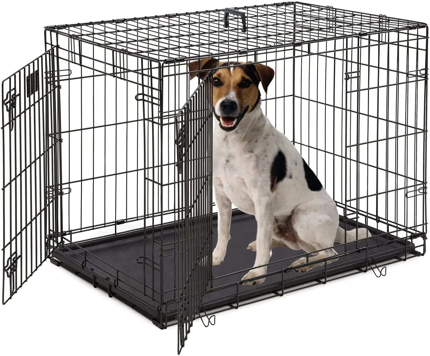 Large Dog Crate, 42 Inches Double Door Pet Crate Folding Metal Wire Dog Cage Pet Dog Kennel with Divider Panel, Leak-Proof Plastic Pan, Indoor Outdoor Pet Crates for Medium and Large Breed Pet Animals