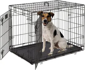 Large Dog Crate, 42 Inches Double Door Pet Crate Folding Metal Wire Dog Cage Pet Dog Kennel with Divider Panel, Leak-Proof Plastic Pan, Indoor Outdoor Pet Crates for Medium and Large Breed Pet Animals