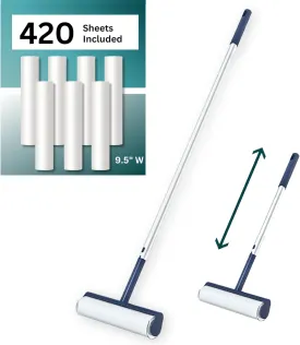 Large Lint Roller with Extra Sticky Roller and 420 Sheets 9.5" Wide, Floor Lint Roller Long Handle, Extendable to 41", Carpet, Couch, Pet Hair, Clothing Cleaning Supplies (Navy Roller   7 Refills)